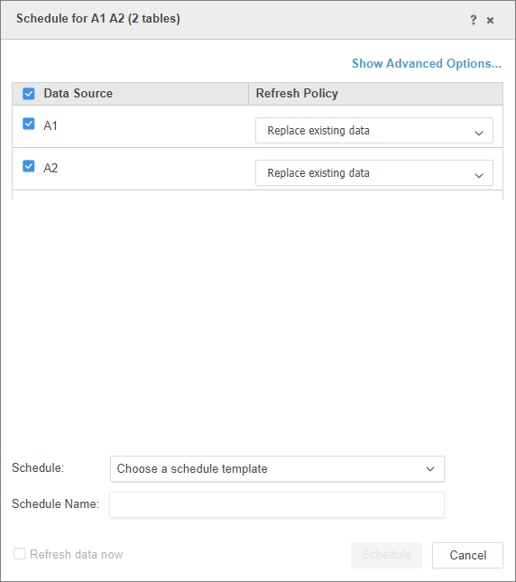 Finestra di dialogo Pianifica aggiornamento cubo