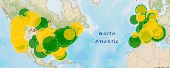 Exemple de widget Carte avec des marqueurs de bulle colorés